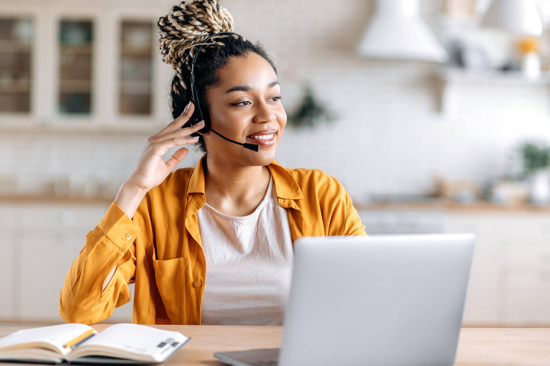 African american women with headset, call center or customer support worker